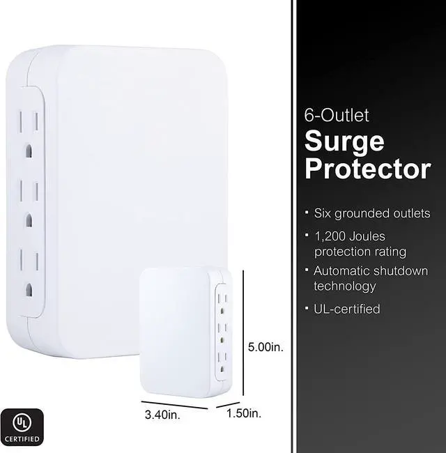 Alt view image 2 of 5 - Pro 6-Outlet Extender Surge Protector Side Access Wall Tap Adapter 3-Prong 1200 Joules Warranty UL Listed White 10353