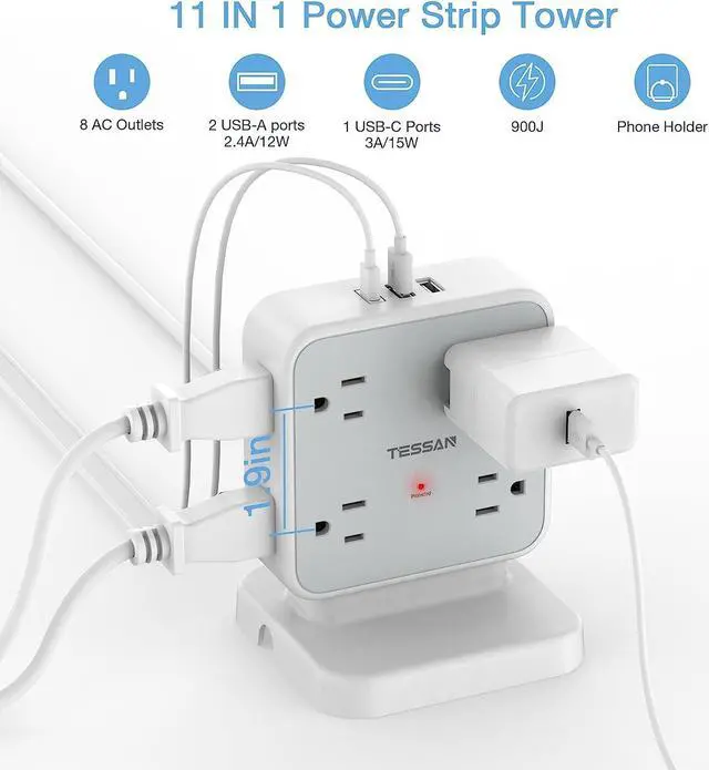 Alt view image 2 of 6 - Power Strip Tower Surge Protector, TESSAN 8 AC Outlets with 3 USB (1 USB C Port), 5 FT Flat Plug Extension Cord with 900 Joules Protection, Desk Charging Station for Home Office Supplies, Dorm Room