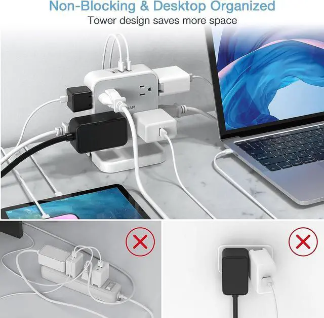 Alt view image 5 of 6 - Power Strip Tower Surge Protector, TESSAN 8 AC Outlets with 3 USB (1 USB C Port), 5 FT Flat Plug Extension Cord with 900 Joules Protection, Desk Charging Station for Home Office Supplies, Dorm Room