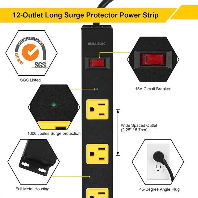 Alt view image 2 of 7 - 2-Pack 12 Outlet Long Metal Power Strip, 15FT Cord Surge Protector, Angled Flat Plug, Wide Spaced Outlet Bar, 15A Breaker, Wall Mountable, Industrial Heavy Duty for Work Bench, Shop, Garage