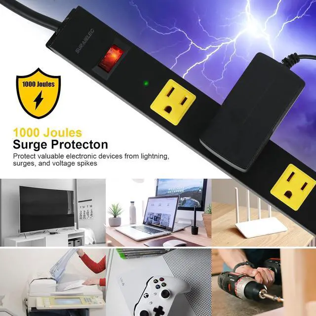 Alt view image 4 of 7 - 2-Pack 12 Outlet Long Metal Power Strip, 15FT Cord Surge Protector, Angled Flat Plug, Wide Spaced Outlet Bar, 15A Breaker, Wall Mountable, Industrial Heavy Duty for Work Bench, Shop, Garage