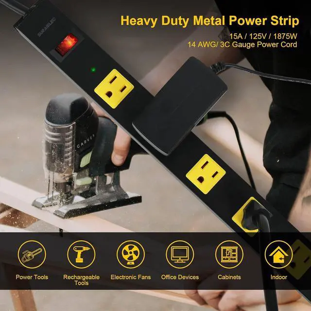 Alt view image 3 of 7 - 2-Pack 12 Outlet Long Metal Power Strip, 15FT Cord Surge Protector, Angled Flat Plug, Wide Spaced Outlet Bar, 15A Breaker, Wall Mountable, Industrial Heavy Duty for Work Bench, Shop, Garage