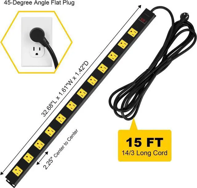 Alt view image 6 of 7 - 2-Pack 12 Outlet Long Metal Power Strip, 15FT Cord Surge Protector, Angled Flat Plug, Wide Spaced Outlet Bar, 15A Breaker, Wall Mountable, Industrial Heavy Duty for Work Bench, Shop, Garage
