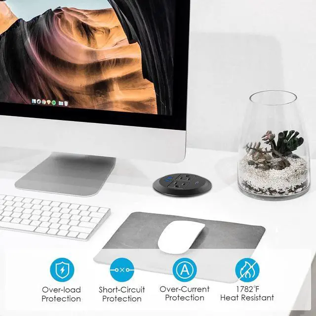 Alt view image 5 of 7 - Desktop Power Grommet with PD 20W Fast Charging USB C,Recessed Power Socket with 2 AC Outlets,Flush-Mount Power Grommet with 3 USB Charging Ports Black