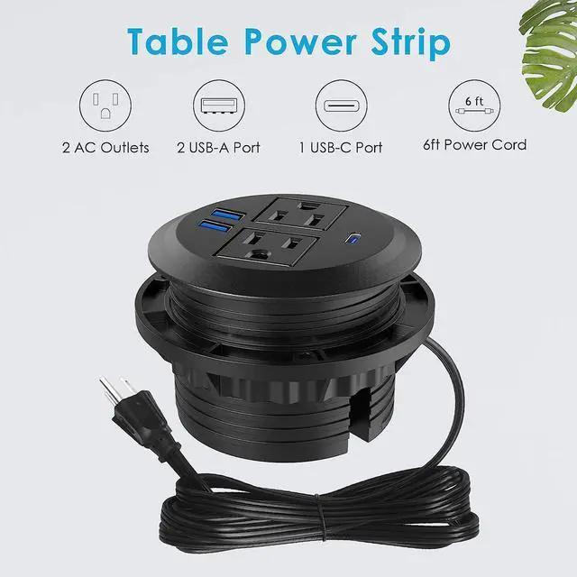 Alt view image 2 of 7 - Desktop Power Grommet with PD 20W Fast Charging USB C,Recessed Power Socket with 2 AC Outlets,Flush-Mount Power Grommet with 3 USB Charging Ports Black