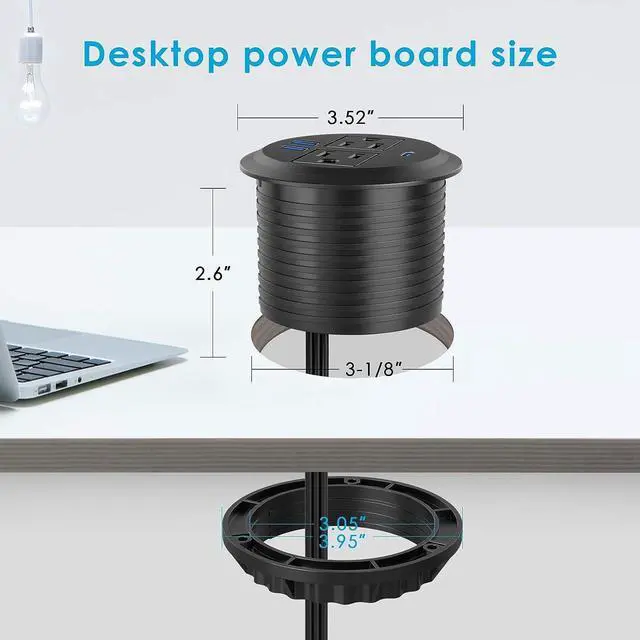 Alt view image 6 of 7 - Desktop Power Grommet with PD 20W Fast Charging USB C,Recessed Power Socket with 2 AC Outlets,Flush-Mount Power Grommet with 3 USB Charging Ports Black