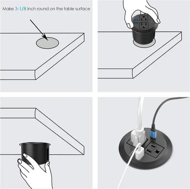 Alt view image 7 of 7 - Desktop Power Grommet with PD 20W Fast Charging USB C,Recessed Power Socket with 2 AC Outlets,Flush-Mount Power Grommet with 3 USB Charging Ports Black