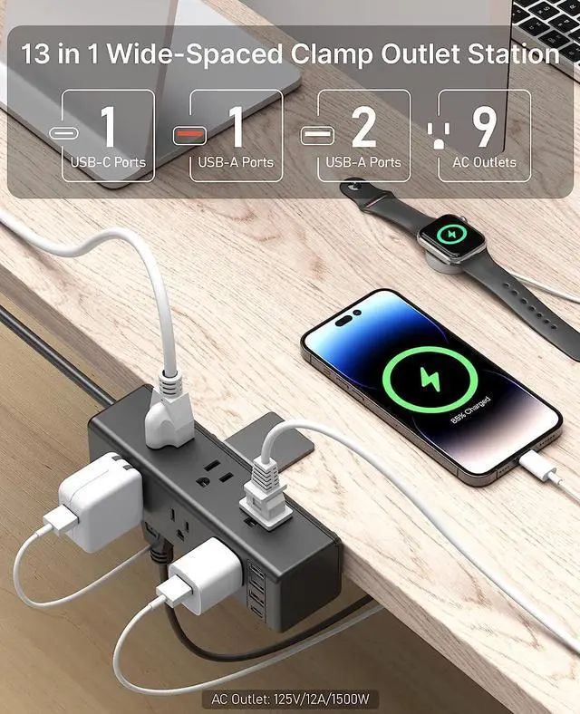 Alt view image 2 of 7 - CCCEI Desk Side Clamp Power Strip with 9 Outlets, Desk Top Tube Edge Mount Outlet with USB-A and USB-C Ports, Under Desk Table Leg Widely Spaced Surge Protector Outlet Station, Fit 1.1 inch Edge.
