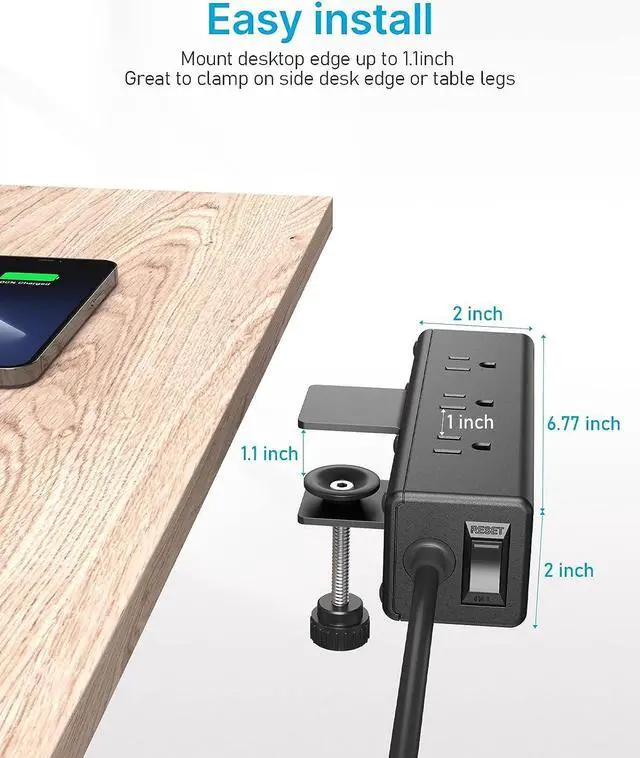 Alt view image 4 of 7 - CCCEI Desk Side Clamp Power Strip with 9 Outlets, Desk Top Tube Edge Mount Outlet with USB-A and USB-C Ports, Under Desk Table Leg Widely Spaced Surge Protector Outlet Station, Fit 1.1 inch Edge.