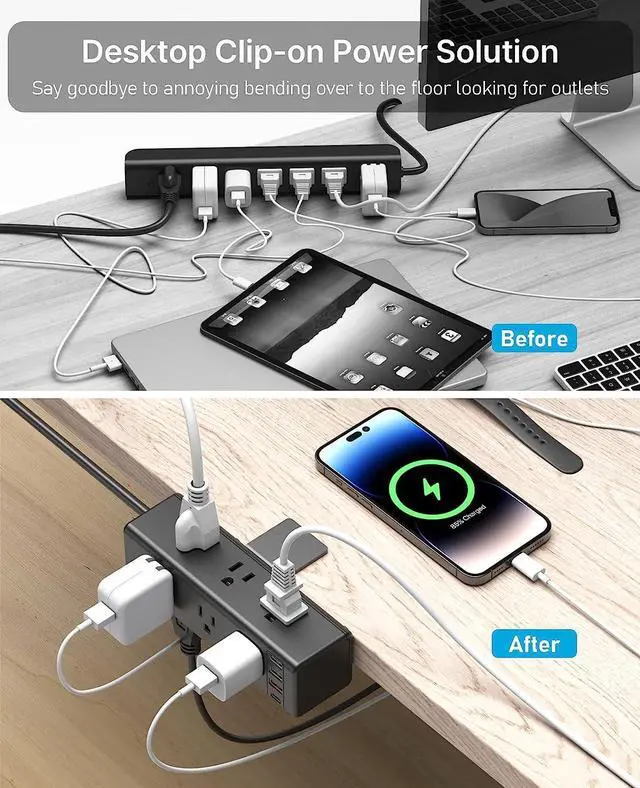 Alt view image 5 of 7 - CCCEI Desk Side Clamp Power Strip with 9 Outlets, Desk Top Tube Edge Mount Outlet with USB-A and USB-C Ports, Under Desk Table Leg Widely Spaced Surge Protector Outlet Station, Fit 1.1 inch Edge.
