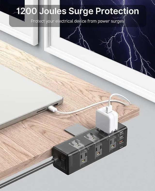 Alt view image 7 of 7 - CCCEI Desk Side Clamp Power Strip with 9 Outlets, Desk Top Tube Edge Mount Outlet with USB-A and USB-C Ports, Under Desk Table Leg Widely Spaced Surge Protector Outlet Station, Fit 1.1 inch Edge.