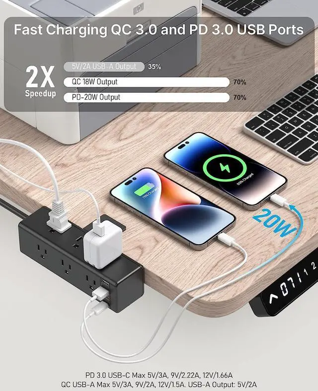 Alt view image 3 of 7 - CCCEI Desk Side Clamp Power Strip with 9 Outlets, Desk Top Tube Edge Mount Outlet with USB-A and USB-C Ports, Under Desk Table Leg Widely Spaced Surge Protector Outlet Station, Fit 1.1 inch Edge.