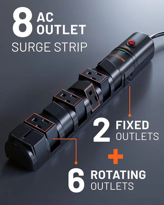 Alt view image 2 of 7 - ECHOGEAR VoltSpin Surge Protector Power Strip with Rotating Outlets, Flat Plug, Long Cord, & Mounting Holes - Power Strip with Heavy Duty Surge Suppression Plus Built-in Cable Management