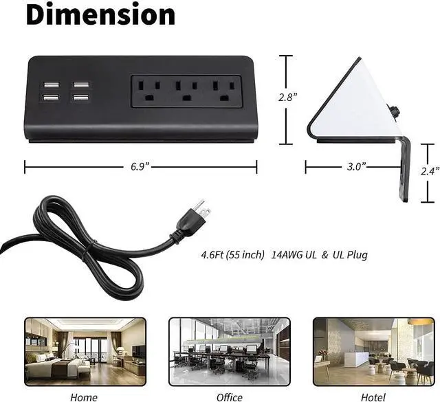 Alt view image 6 of 7 - Emerising 2-Pack Desk Edge Mount Power Strips with 4 USB Ports & 3 AC Power Outlets for Home and Office Desktop Charging Bucket, 1250Joules Surge Protection,Black