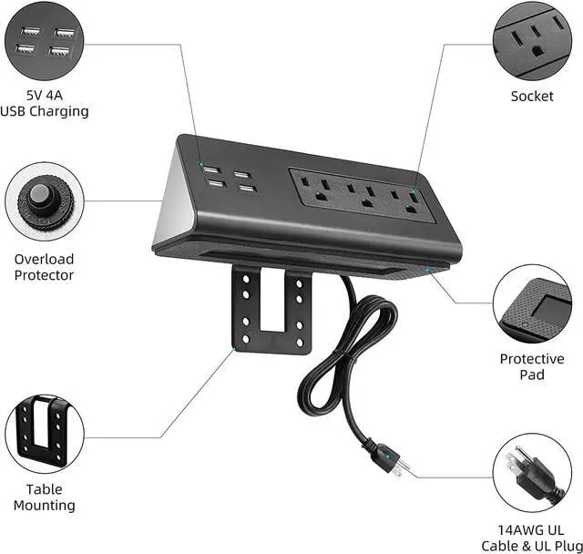 Alt view image 7 of 7 - Emerising 2-Pack Desk Edge Mount Power Strips with 4 USB Ports & 3 AC Power Outlets for Home and Office Desktop Charging Bucket, 1250Joules Surge Protection,Black