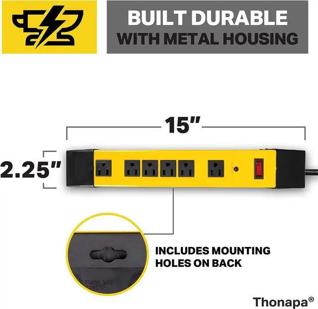 Alt view image 3 of 5 - Heavy Duty Surge Protector Power Strip 6 Outlets, 14/3 SJT 9 ft Heavy Duty Extension Cord 3 Prong, Industrial Power Strip Black & Yellow Metal Surge Suppressor, ETL Listed