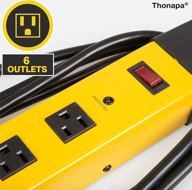 Alt view image 5 of 5 - Heavy Duty Surge Protector Power Strip 6 Outlets, 14/3 SJT 9 ft Heavy Duty Extension Cord 3 Prong, Industrial Power Strip Black & Yellow Metal Surge Suppressor, ETL Listed