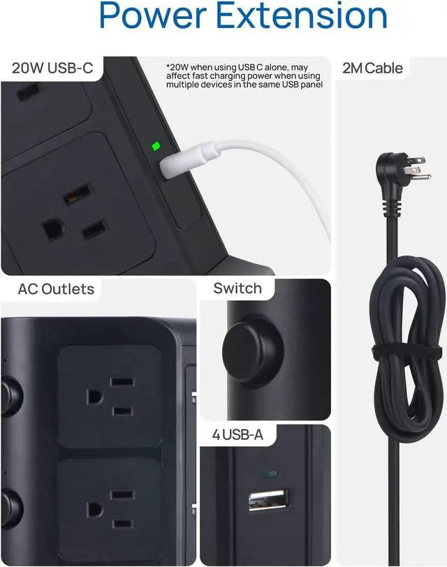 Alt view image 6 of 7 - KOOSLA Dual 20W USB-C Power Strip Tower, Surge Protector Power Strip, Power Tower with USB Ports and Widely Spaced AC Outlets,1875W/15A, Charging Tower with 6.5ft Heavy-Duty Extension Cord Black
