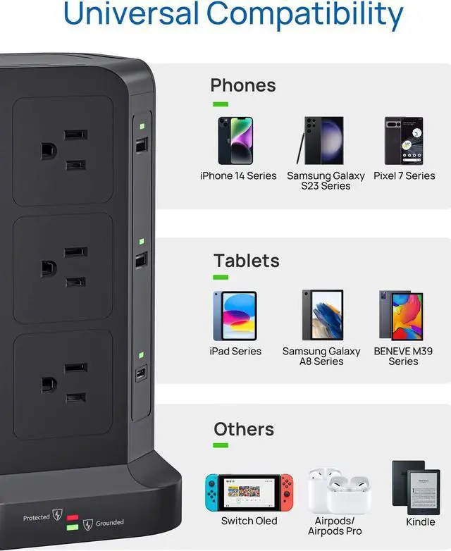 Alt view image 7 of 7 - KOOSLA Dual 20W USB-C Power Strip Tower, Surge Protector Power Strip, Power Tower with USB Ports and Widely Spaced AC Outlets,1875W/15A, Charging Tower with 6.5ft Heavy-Duty Extension Cord Black