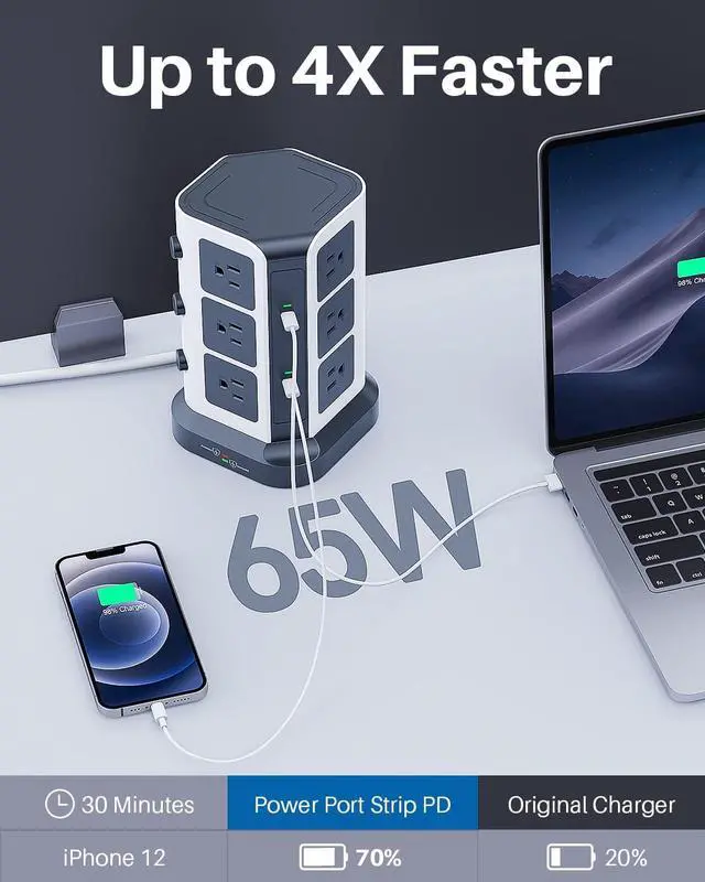 Alt view image 3 of 7 - KOOSLA [65W] PD Power Strip Tower Surge Protector, USB C Desktop Charging Station with 12 Widely Spaced AC Outlets / 2 USB-C / 3 USB-A Ports, 6.5ft Heavy-Duty Extension Cord for Home Office Dorm