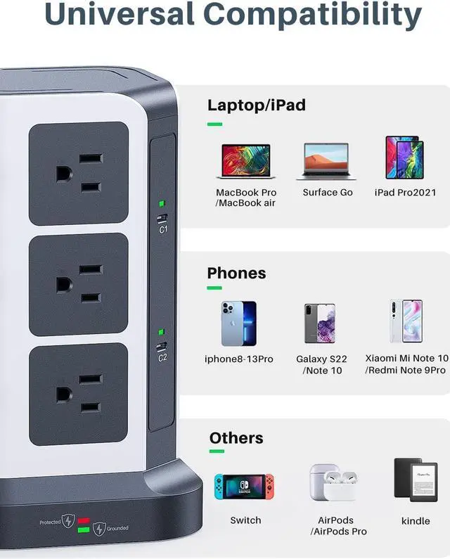 Alt view image 4 of 7 - KOOSLA [65W] PD Power Strip Tower Surge Protector, USB C Desktop Charging Station with 12 Widely Spaced AC Outlets / 2 USB-C / 3 USB-A Ports, 6.5ft Heavy-Duty Extension Cord for Home Office Dorm