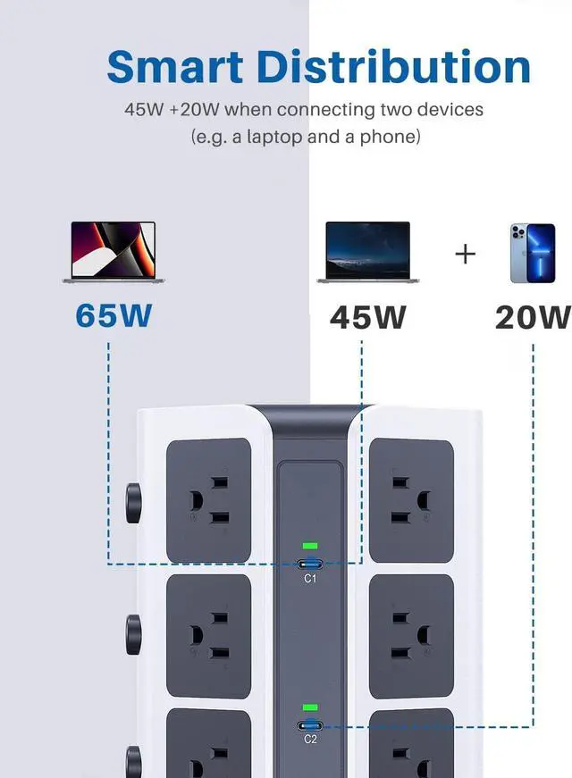 Alt view image 5 of 7 - KOOSLA [65W] PD Power Strip Tower Surge Protector, USB C Desktop Charging Station with 12 Widely Spaced AC Outlets / 2 USB-C / 3 USB-A Ports, 6.5ft Heavy-Duty Extension Cord for Home Office Dorm