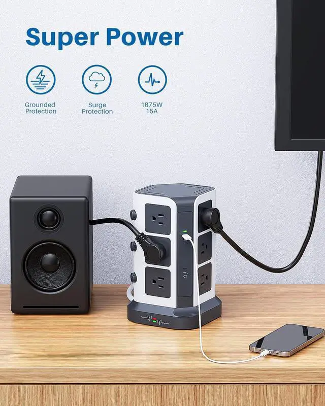 Alt view image 6 of 7 - KOOSLA [65W] PD Power Strip Tower Surge Protector, USB C Desktop Charging Station with 12 Widely Spaced AC Outlets / 2 USB-C / 3 USB-A Ports, 6.5ft Heavy-Duty Extension Cord for Home Office Dorm