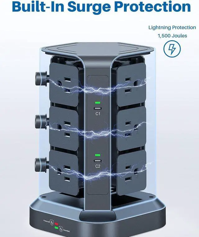 Alt view image 7 of 7 - KOOSLA [65W] PD Power Strip Tower Surge Protector, USB C Desktop Charging Station with 12 Widely Spaced AC Outlets / 2 USB-C / 3 USB-A Ports, 6.5ft Heavy-Duty Extension Cord for Home Office Dorm