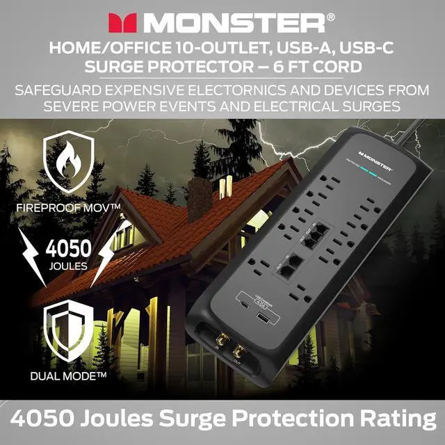 Alt view image 2 of 7 - 6ft White Power Strip and Tower Surge Protector, Heavy Duty Protection with 4050 Joule Rating, 12 120V-Outlets, 1 USB-A, and 1 USB-C Ports - Home Theatre, Home Appliances Black 10-Outlet By DT