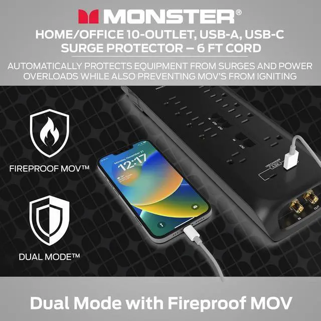Alt view image 5 of 7 - 6ft White Power Strip and Tower Surge Protector, Heavy Duty Protection with 4050 Joule Rating, 12 120V-Outlets, 1 USB-A, and 1 USB-C Ports - Home Theatre, Home Appliances Black 10-Outlet By DT