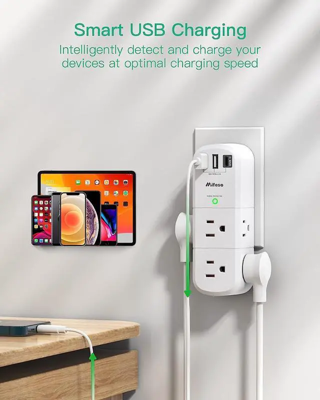Alt view image 3 of 7 - Surge Protector USB Outlet Extender, 6 AC Multi Plug Outlet and 3 USB Ports (1 USB C), 3-Sided Swivel Power Strip Outlet Splitter for Home, Dorm Room Essentials (2 Pack)