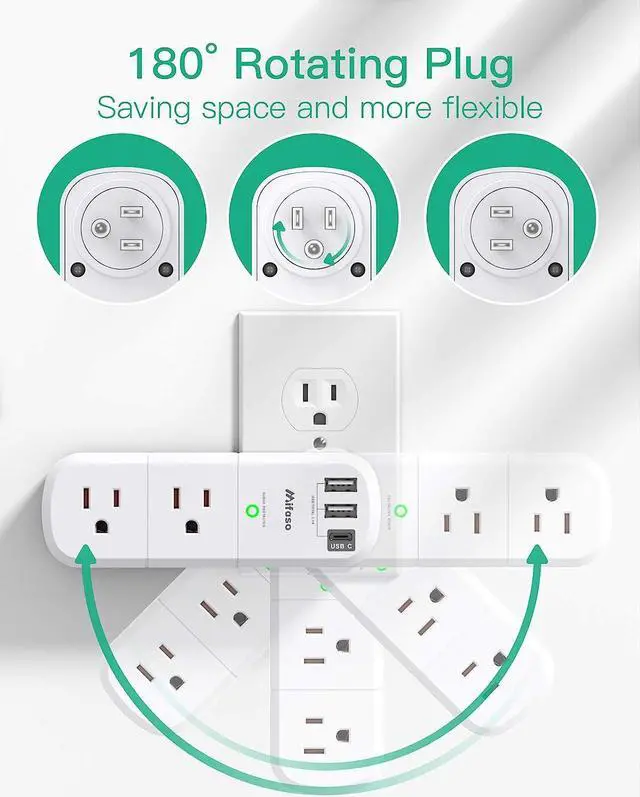 Alt view image 2 of 7 - Surge Protector USB Outlet Extender, 6 AC Multi Plug Outlet and 3 USB Ports (1 USB C), 3-Sided Swivel Power Strip Outlet Splitter for Home, Dorm Room Essentials (2 Pack)
