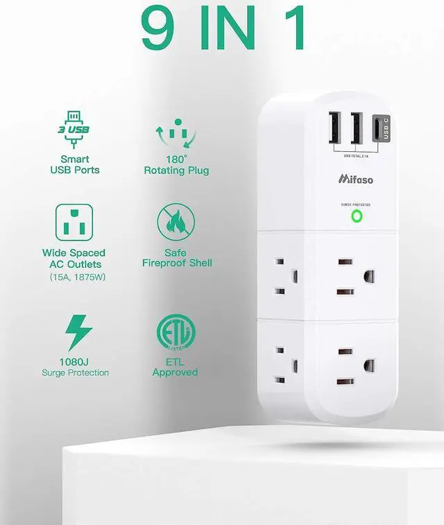 Alt view image 7 of 7 - Surge Protector USB Outlet Extender, 6 AC Multi Plug Outlet and 3 USB Ports (1 USB C), 3-Sided Swivel Power Strip Outlet Splitter for Home, Dorm Room Essentials (2 Pack)