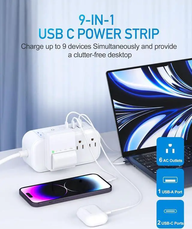 Alt view image 2 of 7 - 6FT PD 65W USB C Power Strip Surge Protector for Travel&Work, 9-in-1 Power Strip with 6 Widely AC Outlets&3 USB Ports, Overload Protection, Flat Plug, Wall Mount, Desk USB Charging Station, 1875W/15A
