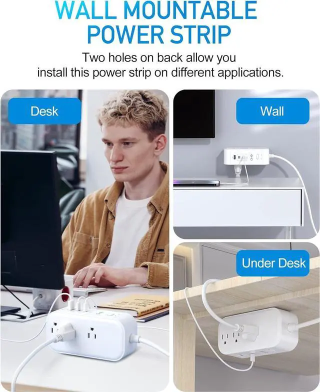Alt view image 4 of 7 - 6FT PD 65W USB C Power Strip Surge Protector for Travel&Work, 9-in-1 Power Strip with 6 Widely AC Outlets&3 USB Ports, Overload Protection, Flat Plug, Wall Mount, Desk USB Charging Station, 1875W/15A