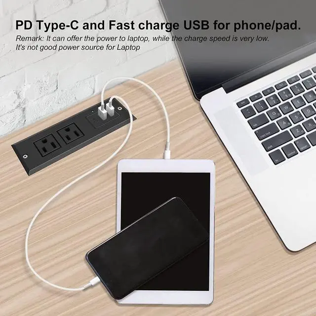 Alt view image 4 of 7 - 20W Recessed Power Strip USB C Fast Charge Desk Power Outlet Type C Flush Mounted Extension Power Plug for Conference Countertop Desktop Drawer Sofa ETL Listed (Black)