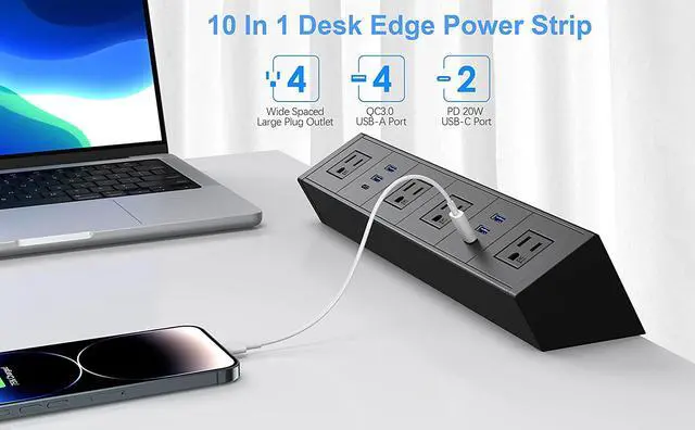 Alt view image 2 of 7 - Desk Edge Power Strip with PD20W USB C, 10 in 1 Wide Spaced Removable Desktop Power Strip Surge Protector with PD 20W USB-C, QC3.0 USB-A Port 6.56ft Cord with Flat Plug