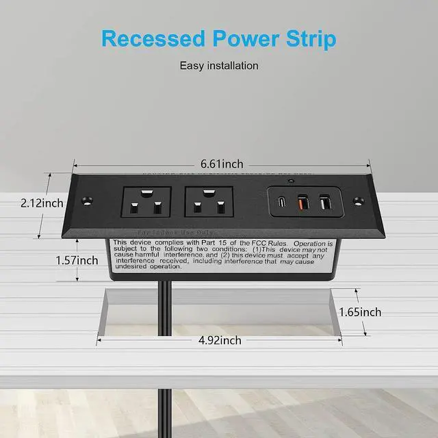 Alt view image 4 of 7 - Type-C Recessed Power Socket, 20W PD Fast Charging USB-C QC3.0 3A USB-A Power Strip, Plug in 2 Outlets & 2 USB-A Ports &1 USB-C Port,Connect Flat Plug 6.5ft Extension Cord