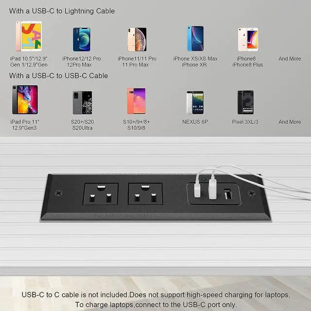 Alt view image 3 of 7 - Type-C Recessed Power Socket, 20W PD Fast Charging USB-C QC3.0 3A USB-A Power Strip, Plug in 2 Outlets & 2 USB-A Ports &1 USB-C Port,Connect Flat Plug 6.5ft Extension Cord