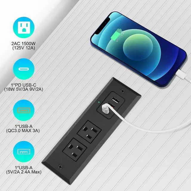 Alt view image 5 of 7 - Type-C Recessed Power Socket, 20W PD Fast Charging USB-C QC3.0 3A USB-A Power Strip, Plug in 2 Outlets & 2 USB-A Ports &1 USB-C Port,Connect Flat Plug 6.5ft Extension Cord