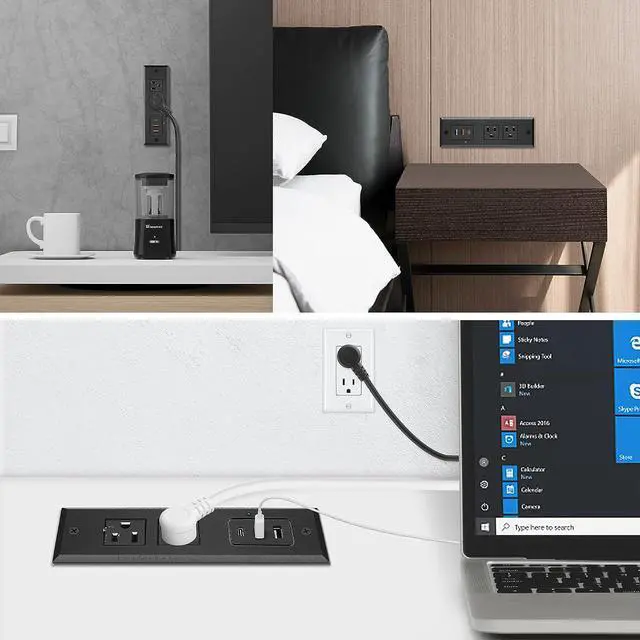 Alt view image 7 of 7 - Type-C Recessed Power Socket, 20W PD Fast Charging USB-C QC3.0 3A USB-A Power Strip, Plug in 2 Outlets & 2 USB-A Ports &1 USB-C Port,Connect Flat Plug 6.5ft Extension Cord