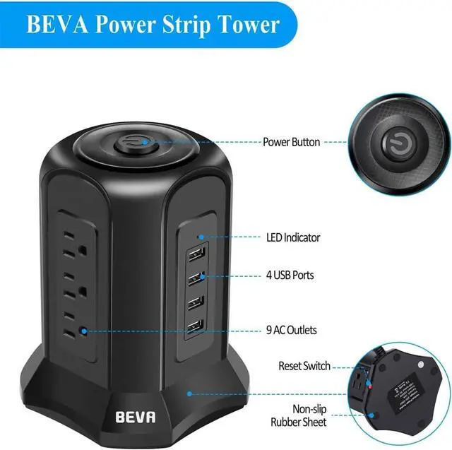 Alt view image 2 of 7 - Power Strip Tower Surge Protector BEVA 10ft Flat Plug Desktop Charging Station 9 AC Outlets 4 USB Ports, 900 Joules, Long Extension Cord for Home Office Appliances Smartphones Computer Tablets(Black)