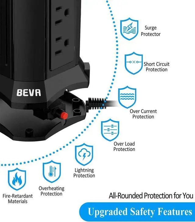 Alt view image 3 of 7 - Power Strip Tower Surge Protector BEVA 10ft Flat Plug Desktop Charging Station 9 AC Outlets 4 USB Ports, 900 Joules, Long Extension Cord for Home Office Appliances Smartphones Computer Tablets(Black)