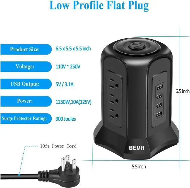 Alt view image 5 of 7 - Power Strip Tower Surge Protector BEVA 10ft Flat Plug Desktop Charging Station 9 AC Outlets 4 USB Ports, 900 Joules, Long Extension Cord for Home Office Appliances Smartphones Computer Tablets(Black)