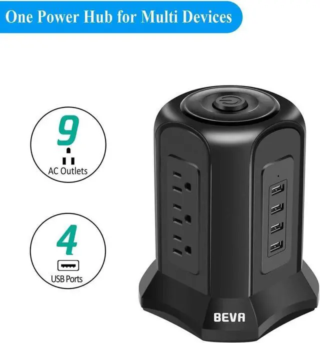 Alt view image 4 of 7 - Power Strip Tower Surge Protector BEVA 10ft Flat Plug Desktop Charging Station 9 AC Outlets 4 USB Ports, 900 Joules, Long Extension Cord for Home Office Appliances Smartphones Computer Tablets(Black)