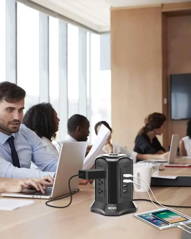 Alt view image 6 of 7 - Power Strip Tower Surge Protector BEVA 10ft Flat Plug Desktop Charging Station 9 AC Outlets 4 USB Ports, 900 Joules, Long Extension Cord for Home Office Appliances Smartphones Computer Tablets(Black)