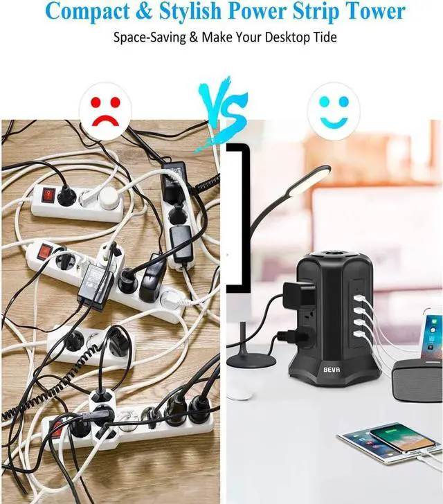 Alt view image 7 of 7 - Power Strip Tower Surge Protector BEVA 10ft Flat Plug Desktop Charging Station 9 AC Outlets 4 USB Ports, 900 Joules, Long Extension Cord for Home Office Appliances Smartphones Computer Tablets(Black)