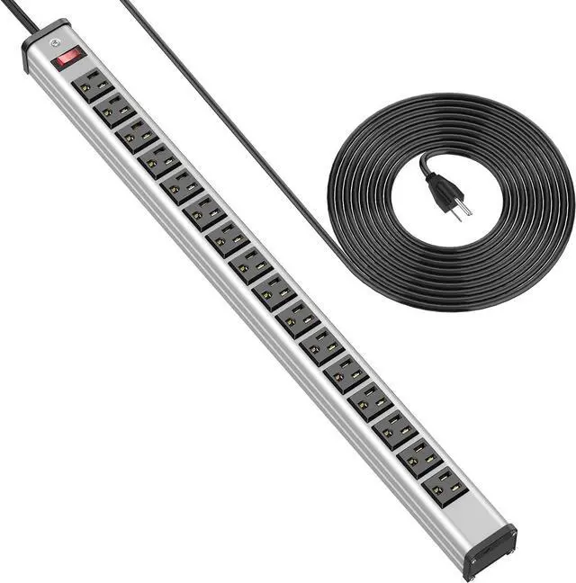 Main image of Metal 16 Outlet Power Strip, Extra Long Power Strip With10ft Cord, BTU Heavy Duty Power Strip Wall Mount, Garage Power Strip with Switch for Work Shop, Workbench Industrial Commercial Use (Silver)