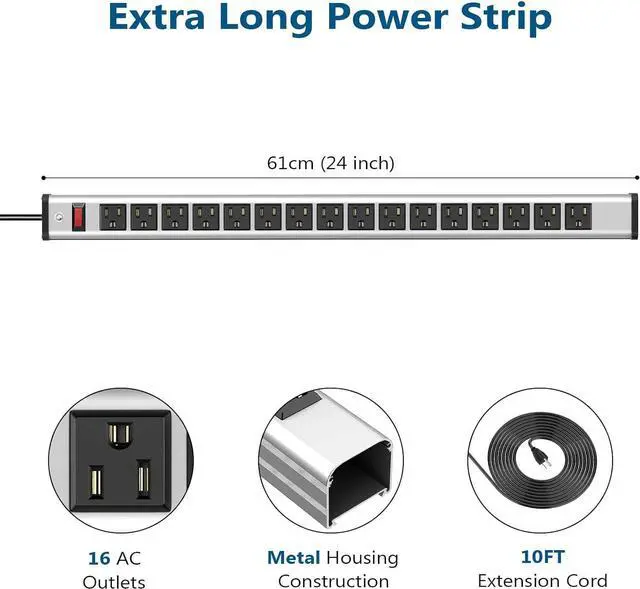 Alt view image 2 of 7 - Metal 16 Outlet Power Strip, Extra Long Power Strip With10ft Cord, BTU Heavy Duty Power Strip Wall Mount, Garage Power Strip with Switch for Work Shop, Workbench Industrial Commercial Use (Silver)