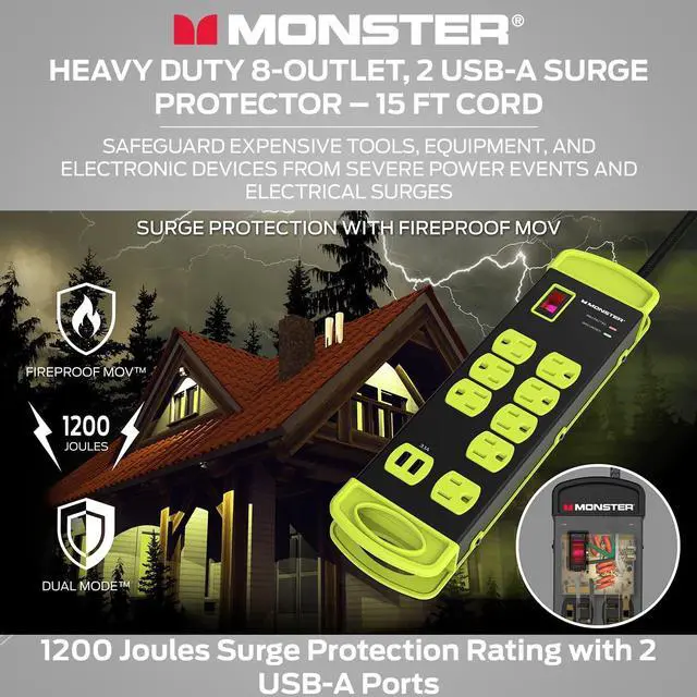 Alt view image 2 of 7 - Workshop Heavy-Duty Garage Power Strip Surge Protector - Mountable Heavy-Duty Wide-Spaced 8 Grounded AC & 2 USB-A Outlets with 14ft Angled Flat Plug - 1200 Joules - ETL Listed Black